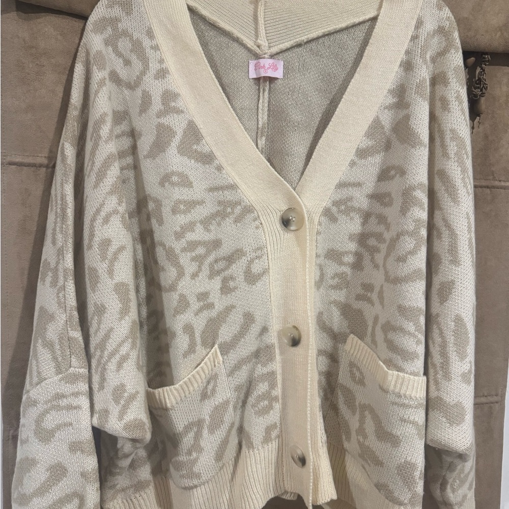Pink Lily Cream Cardigan Sweater with Leopard Print